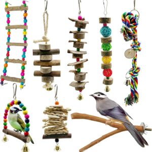 Bird Perch Bird Toys Parrot Parakeet Natural Wooden Chew Toys 8 Pack Swing Bird Cage Accessories with Rope Perch Hanging Toys for Lovebird Budgie Conure