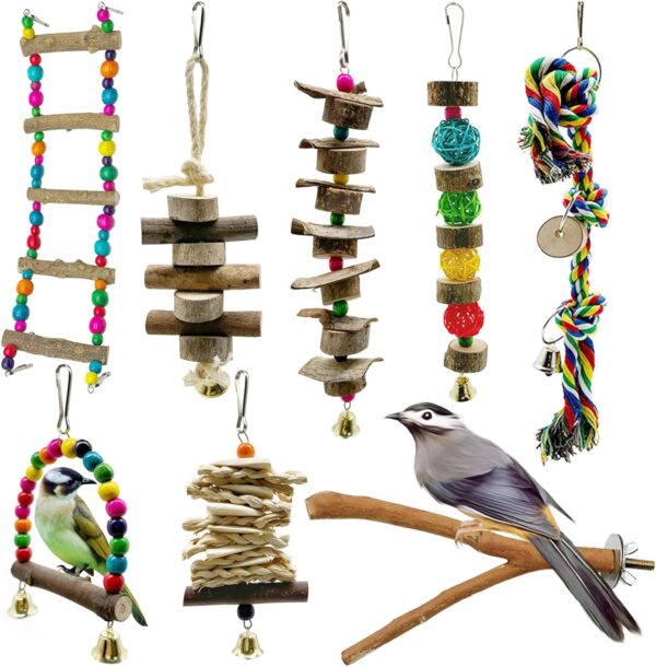 Bird Perch Bird Toys Parrot Parakeet Natural Wooden Chew Toys 8 Pack Swing Bird Cage Accessories with Rope Perch Hanging Toys for Lovebird Budgie Conure