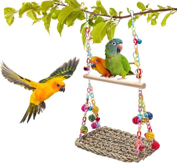 Bird Swing Toys with Wood Perch, Seagrass Woven Swing Bird Climbing Hammock Chewing Toy for Parakeets Budgie Conure Cockatiel Lovebird Cockatoo Amazon African Grey