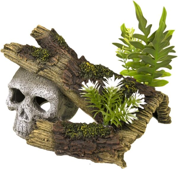 Blue Ribbon Rosewood Polyresin Skull Log with Plants Aquarium Ornament, Small