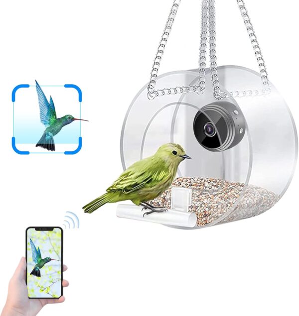 Clear Window Bird Feeder with Camera, Smart Transparent Birdfeeder with HD 1080P Camera for Outdoor Bird Watching, Birdhouse with Camera for Close Up View Photo Taking Video Recording (Round)