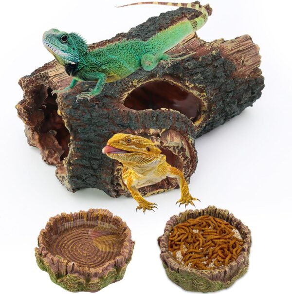 Dexspoeny 3 Pcs Large Size Reptile Hide Cave Set with Reptile Food＆Water Bowls, Natural Resin Hollow Tree Trunk Hideout, Reptile Tank Accessories Fish Tank Decor for Gecko, Lizard, Snake, Hermit Crabs