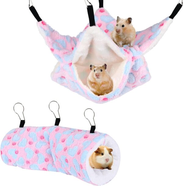 Fadcaer 2Pcs Small Pet Cage Hammock Hanging Tunnel,Ferret Hammock Bed Tunnel Guinea Pigs Hammock Tunnel Tube Small Animal Accessories Hammock Hanging Hideout Tunnel Tube Toy for Cage (Pink)