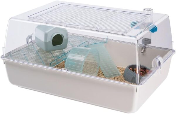 Ferplast MINI DUNA HAMSTER Compact Hamster Cage - Ventilated Multi-Level Habitat with Interactive Transparent Top - Exercise Wheel & Accessories - Easy Clean, 55x39x27 cm - White