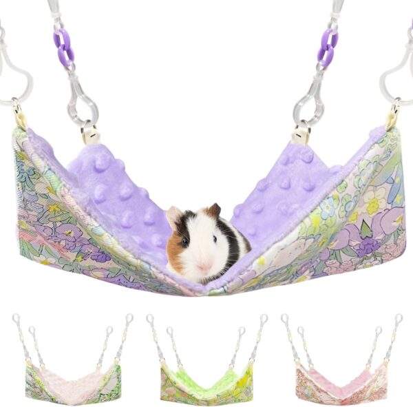 Fnaobai Rat Hammocks for Cage Small Pet Animal Accessories Hanging Warm Hammock Bed Soft Plush Hamster Guinea Pig Chinchilla Ferret Hammocks Carrier for Small Animal Playing Sleeping (Purple Floral)