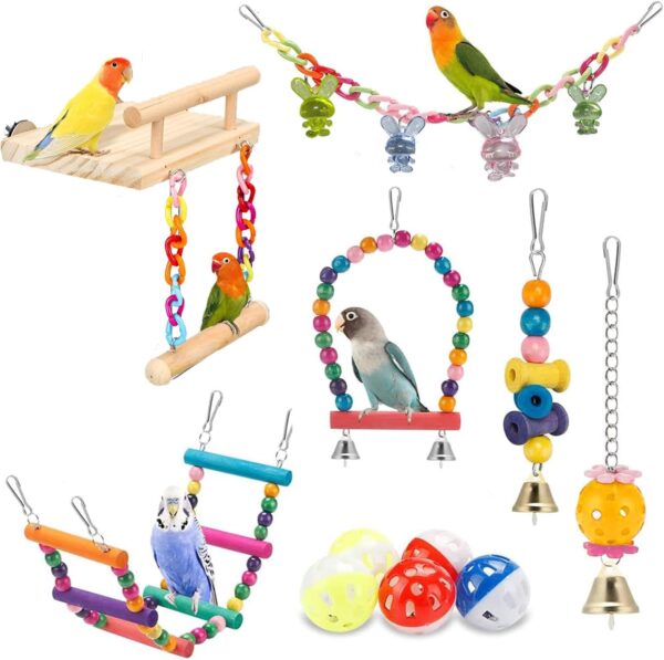 FrgKbTm 11Pcs Bird Parakeet Toys Wooden Bird Platform Stands Swing Hanging Chewing Toy Parrot Climbing Ladder Colorful Bird Cage Toys for Parakeet, Conure, Cockatiel, Love Birds, Finches