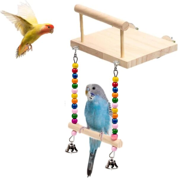 FrgKbTm Bird Perch Cage Toy, Wooden Platform with Colorful Swing, Bird Activity Structure for Parakeet, Cockatiels, Conures, Budgie, Lovebird