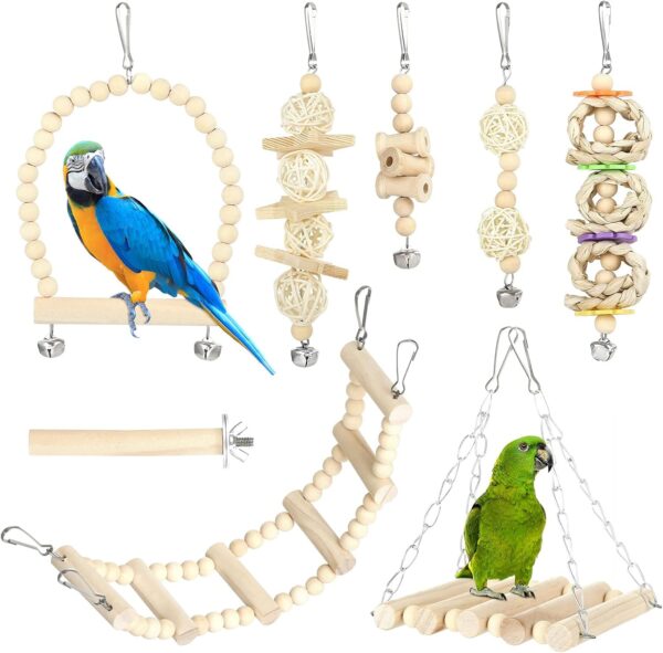 GWHOLE 8 PCS Bird Parrot Swing Toys Chewing Standing Perch Hammock Climbing Ladder Hanging Bell Bird Cage Toys for Budgerigar, Parakeets, Cockatiels, Conure, Mynah, Love Birds, Finches