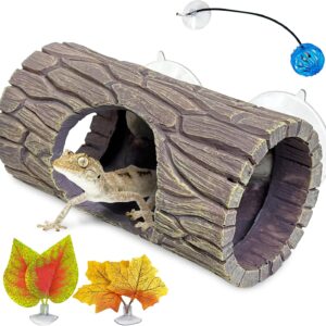 Hamiledyi Reptile Hide Cave Resin Hollow Log Hideout with 2pcs Powerful Suction Cup, Plastic Plant Leaves Ornament Snake Hide Hermit Crab Climbing Toys for Gecko Lizard Hermit Crabs Frogs