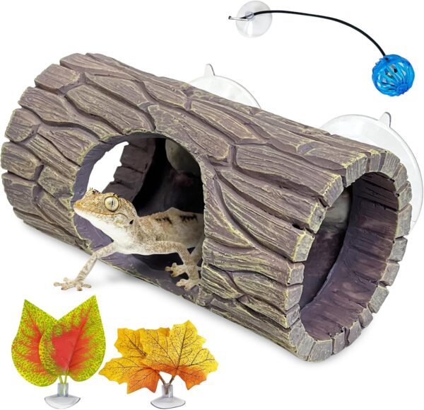 Hamiledyi Reptile Hide Cave Resin Hollow Log Hideout with 2pcs Powerful Suction Cup, Plastic Plant Leaves Ornament Snake Hide Hermit Crab Climbing Toys for Gecko Lizard Hermit Crabs Frogs