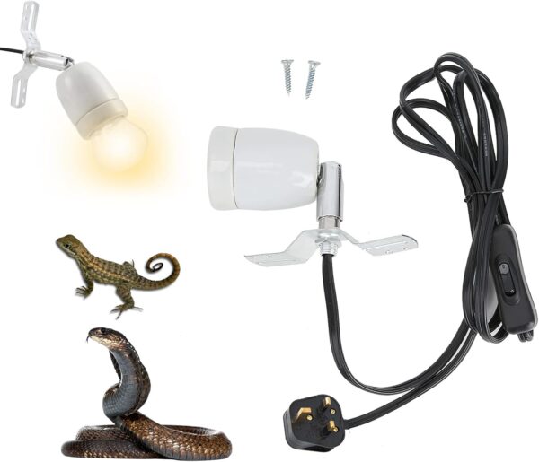 Heat Lamp for Reptiles - 200W Ceramic Reptile Heat Lamp Holder, E27 Base with Rotatable Light Holder & Inline ON/Off Switch, Tortoise, Turtle, Snake, Lizard, Dog, Chick - No Heat Bulb