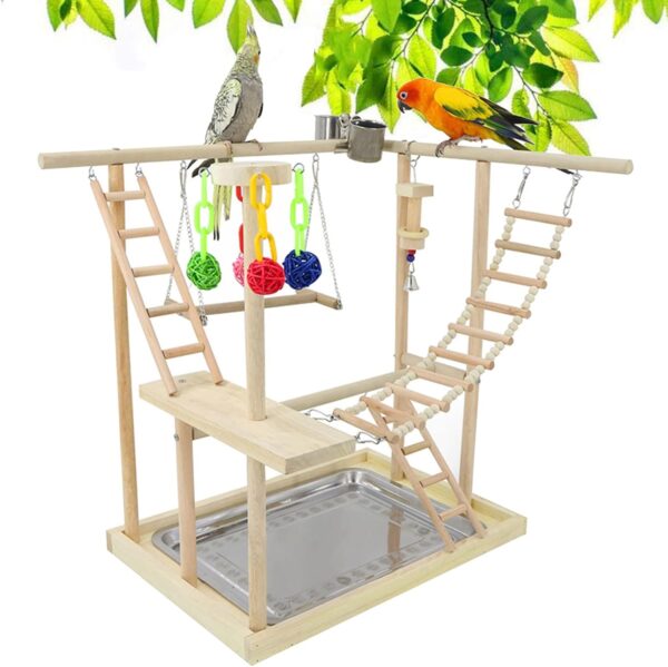 Joyeee Large Parakeet Playground Set, with Steel Birds Food Dish, Playground Swing, Wooden Ladder, Colorful Bird Toy Rattan Balls, Stainless Steel Tray Pick Up Food Scraps, 18.9" x 13" x 21.4" L