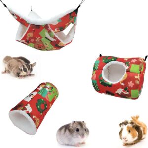 KIPETTO 3Pcs Small Pet Hamster Hammock Set Christmas Design Guinea Pig Rat Cage Accessories for Rabbit Squirrel Playing Sleeping, Red