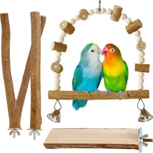 Luonfels Cockatiel Toys Wooden Perch 4 Pack, Bird Cage Natural Platform Hammock Swing Perches for Parakeets Budgie Conures Medium Parrots Hamster