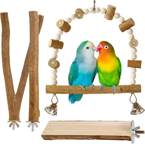 Luonfels Cockatiel Toys Wooden Perch 4 Pack, Bird Cage Natural Platform Hammock Swing Perches for Parakeets Budgie Conures Medium Parrots Hamster