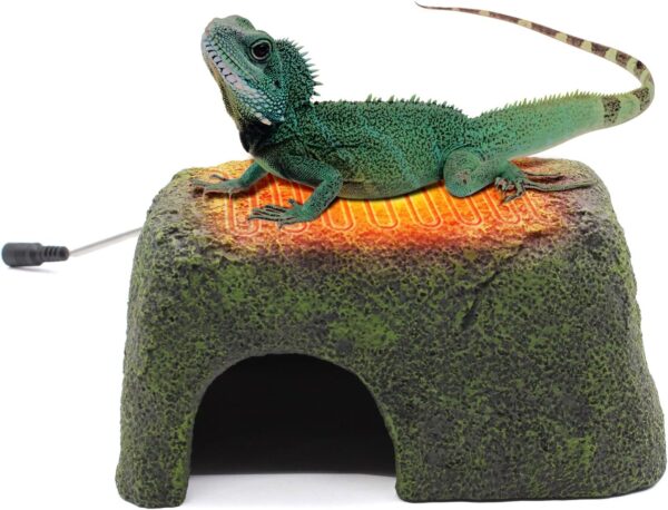 MECESOR Reptile Heating Hide Cave, Gecko Hide Cave Hiding Place Decor Rock, with Heated Basking Platform, Resin Reptile Cave for Lizard, Snake, Turles, Reptiles Amphibians and Small Animals