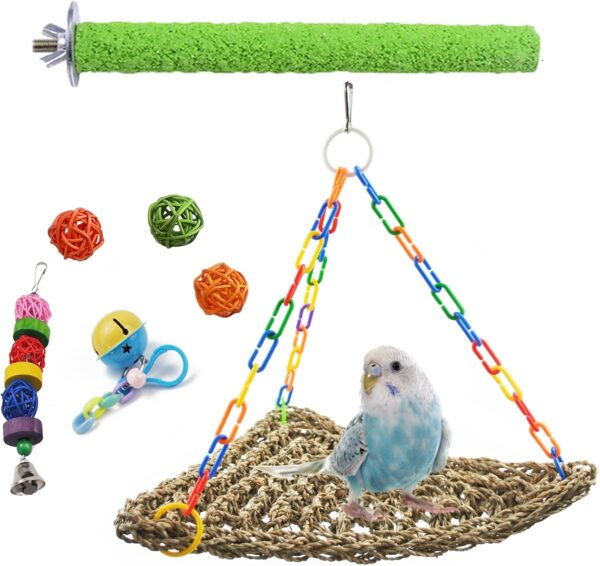 MUYG Bird Swing Toys,Parakeet Seagrass Mat,Edible Seagrass Hammock Handmade Woven Natural Grass Net Hanging on Parrot Cage for Budgies Lovebird Canary Cockatiel Conures Finch Cockatoo