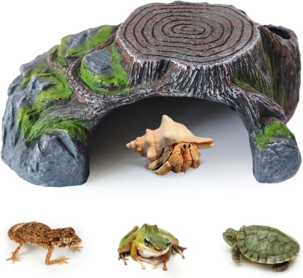 MUYG Resin Reptile Hide Cave,Leopard Gecko Cave Hideout Reptiles Habitat Tree Stump Decor Lizard Tank Climbing Ramp Basking Platform Accessories for Gecko Hermit Crab Turtle Frog Spider Scorpion