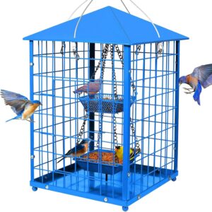 Mealworms Bird Feeders for Bluebirds - Metal - Huge Caged Squirrel-proof Bird Feeders with 2 Cups, DIY Wild Bird Feeders Outdoor Hanging (Blue), Attract Small Birds, 2lbs Seed Capacity+1 Mealworms Cup