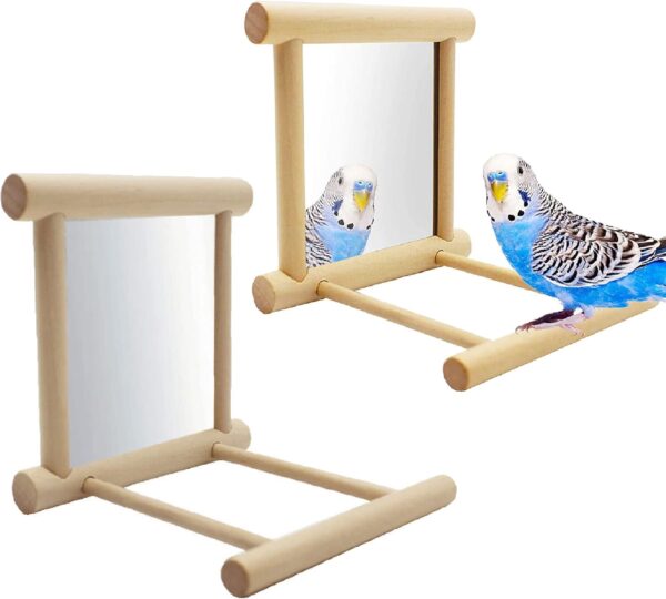 NINGVIHE Bird Mirror,Bird Swing,Parrot Cage Toys,Bird Toy for Parrot Parakeets Conures Cockatiels Cage Swing Wooden Fun Play Toy for Birds (2 PACK)