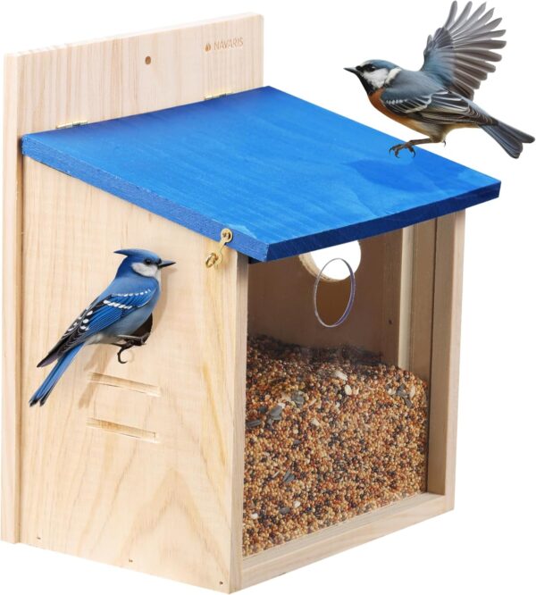 Navaris Wooden Bird Feeder House - Wall Mounted Garden Decor for Birds with Blue Roof - Outdoor Feeding Station with Exchangeable Wood and Clear Front Panels