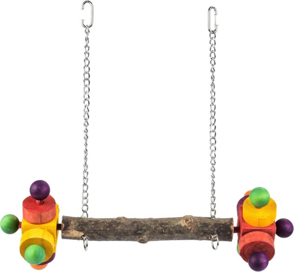 PARROT ESSENTIALS Natural Wood Swing with Double Twirlers - Colourful Wooden Swing for Parrots, Cockatoo, Conure and More - Hanging Toy Pet Swing - Parrot Toy Nest Swing Encourages Foot Exercise