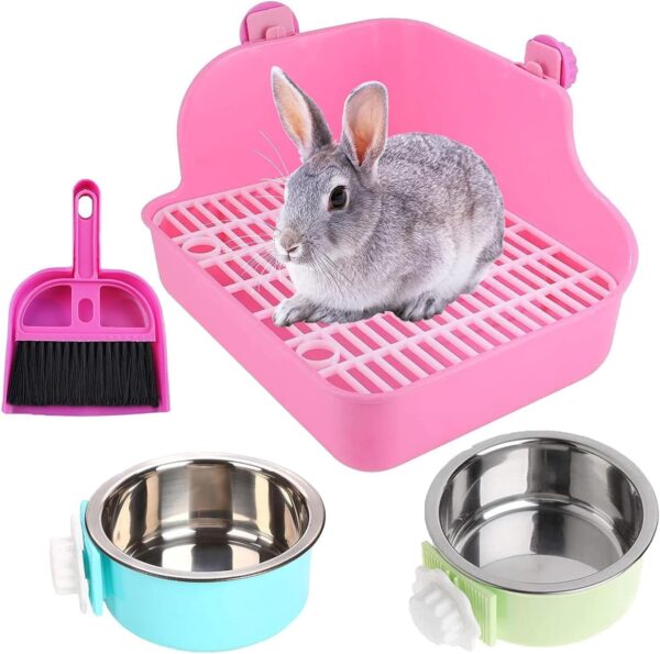 PINVNBY Rabbit Litter Box for Cage Bunny Corner Litter Bedding Box Small Animal Litter Pan Hanging Pet Bowls Cage Potty Trainer Pet Toilet for Rabbit Bunny Guinea Pigs Small Animals (Pink)