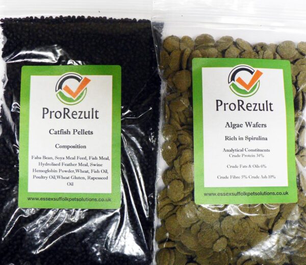 PROREZULT 6% Spirulina Algae Wafers 100g PLUS Catfish Cichlid Pleco Pellets 100g. Pack of each Food. FANTASTIC VALUE. Algae Eater and Bottom Feeding Fish