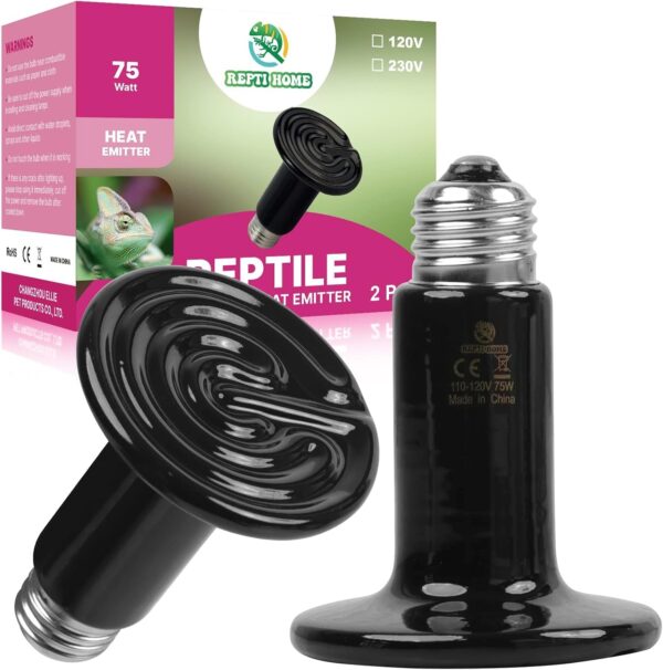 REPTI HOME Reptile Heat Lamp 75W 2 Pack, Terrarium E27 Ceramic Heat Light Bulb, Ceramic Heat Emitter for Reptile,Tortoise,Puppy,Chick,Bearded Dragon