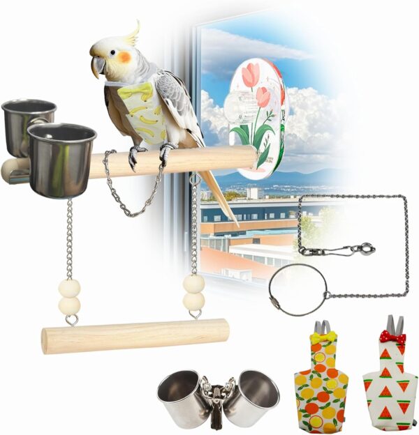 Suction Cup Swing Perch for Birds, Ideal for Window Perch Stand, Car Travel and Bird Bathing, 5-Piece Beginner Set (ZX-PS-Swing)