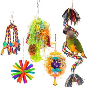 Supkeyer 5in1 Bird Toys Parakeet Toy Bird Rope Perch, Colorful Bird Chewing Shredding Foraging Toys Parrot Swing Climbing Standing Hanging Toys with Bell for Conure Cockatiel Budgies Lovebird