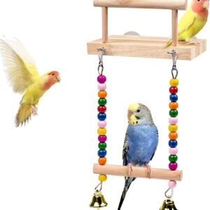 TeTupGa Bird Perches Cage Toys, Parrot Wooden Platform Stand with Swing Bell Swing Hanging Standing Chewing Toy Bird Cage Accessories for Parakeet, Cockatiels, Conures, Budgie, Lovebird