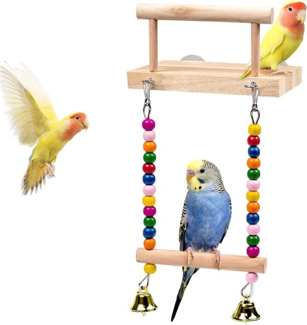 TeTupGa Bird Perches Cage Toys, Parrot Wooden Platform Stand with Swing Bell Swing Hanging Standing Chewing Toy Bird Cage Accessories for Parakeet, Cockatiels, Conures, Budgie, Lovebird