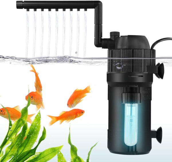 UPROZIL 4W Internal Fish Tank Filter, 5 in 1 Aquarium Filter Pump, UV Steriliser, Turns Green Water to Clear, Timing Flow Rate and Direction Adjustable, for 15-80L Aquarium (400L/H)