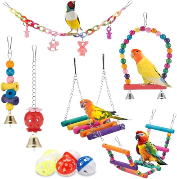 Voyyphixa 11 Pcs Bird Toys for Parakeets, Bird Perch Cage Toy Swing Hanging Standing Toy Conure Cockatiel Toys Suitable for Parrot, Budgerigar, Parakeet, Canary, Mynah, Love Birds, Finches (11PCS)