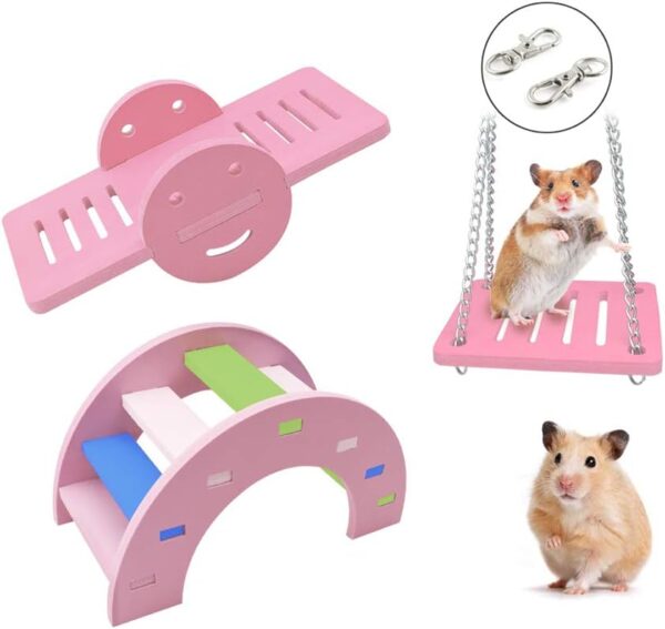 WishLotus 3pcs Lovely Hamster Play Toys, Rainbow Bridge & Seesaw & Swing, Climb and Play Toy, Boredom Breaker Small Animal Activity Toy, DIY Hamster Cage Accessories for Small Pets (Pink)