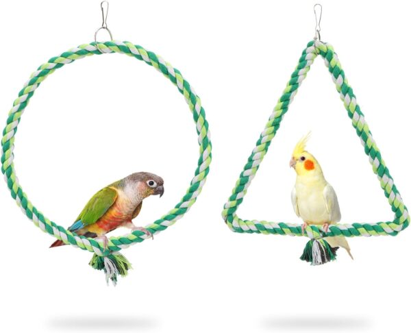 Wontee Bird Swing Bird Rope Perch Parrot Climbing Stand for Parakeets Budgies Cockatiel Conure Quaker Caique (M(9.8IN, 9.8IN))