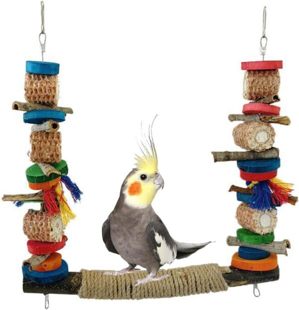 Wooden Bird Swing Perch Toys Wooden Pet Bird Swing Parrot Hanging Swing Toy Pet Bird Cage Swing Climbing Toys Bird Perch Chewing Toy for Budgie Parakeets Cockatiels