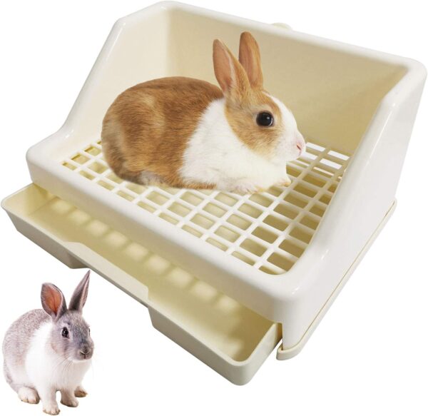 kathson Rabbit Litter Box Trainer Small Animal Potty Corner Toilet with Drawer Pet Cage Pan Litter Bedding Box for Guinea Pig Hamster Bunny Ferret Galesaur Mouse Squirrel (White)